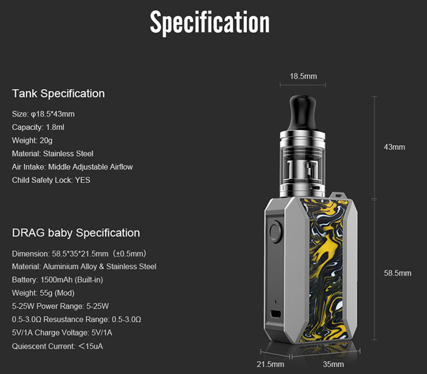VOOPOO Drag Baby Vape Kit Specifications