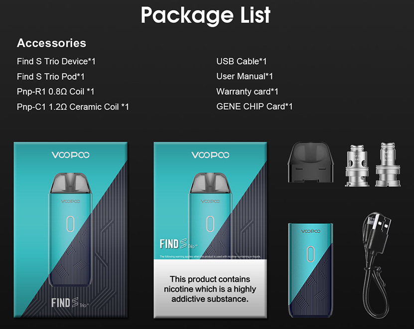 VOOPOO Find S Trio Vape Pod Kit Packing List