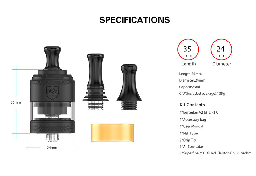 Vandy Vape BSKR V2 MTL RTA Specification