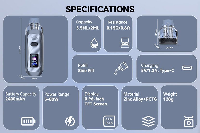 Vandy Vape Gemini Pod Kit Specifications