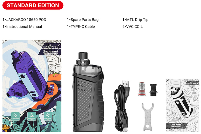 Vandy Vape Jackaroo 18650 Pod Kit Packing List