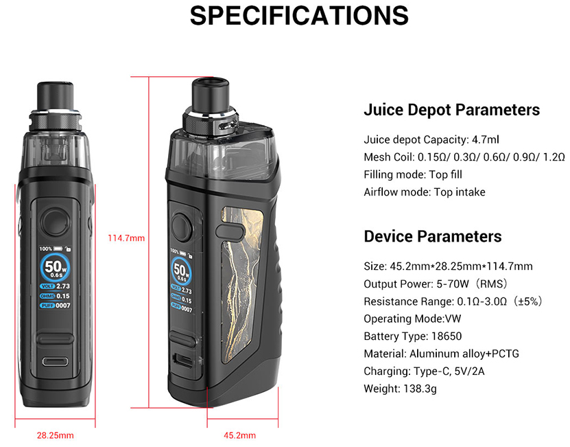 Vandy Vape Jackaroo 18650 Pod Kit Specifications