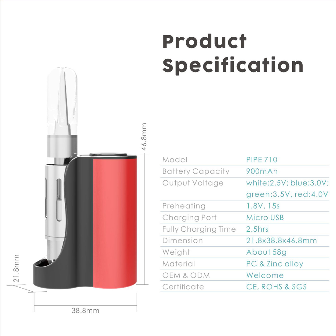 Vapmod Pipe 710 Starter Kit Specifiction