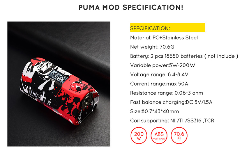 Vapor Storm Puma Box Mod Specification