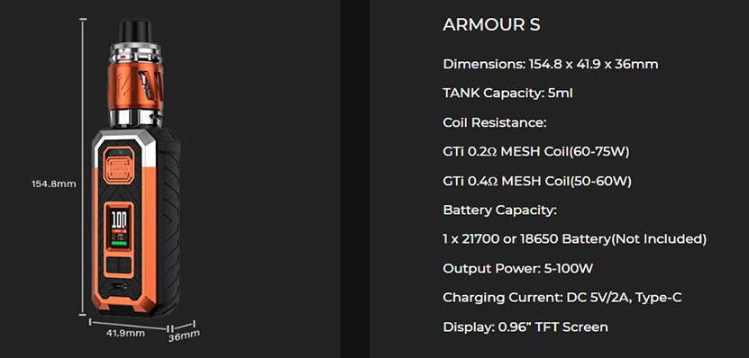 Vaporesso Armour S Kit Specifications