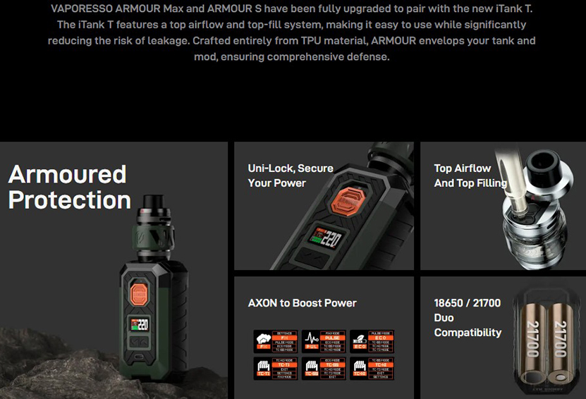 Vaporesso Armour S Kit with iTank T Features