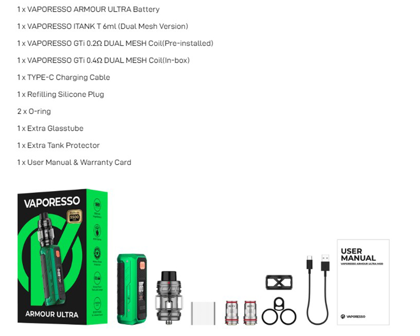 Vaporesso Armour Ultra Mod Kit Packing List