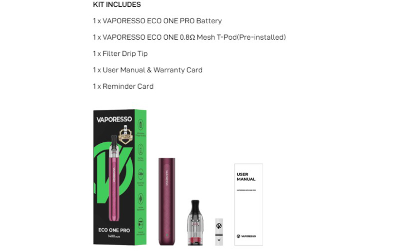 Vaporesso ECO One Pro Kit Packing List