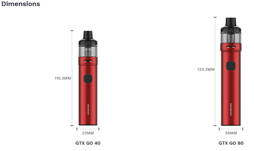 Dimensões do kit de caneta Vaporesso GTX GO 80