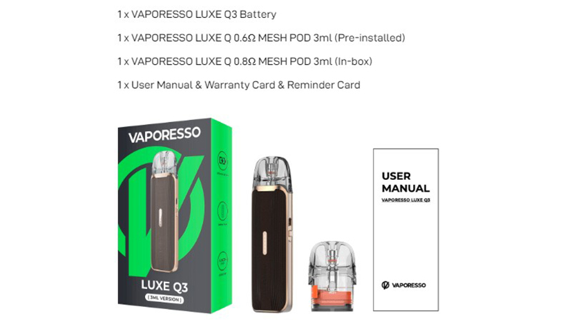 Vaporesso LUXE Q3 Kit Packing List