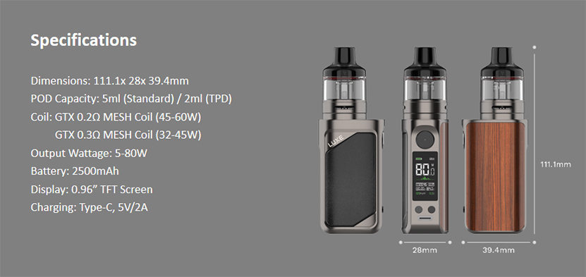 Vaporesso Luxe 80 Pod Mod Kit specification