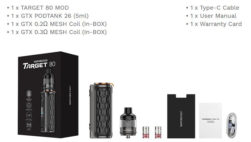 Vaporesso Target 80 Kit Package List