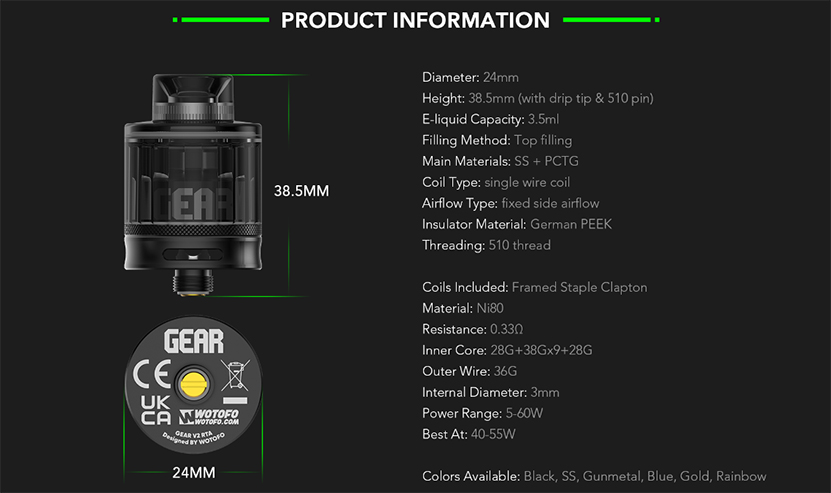Wotofo Gear V2 RTA Specification
