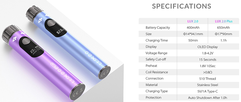 Yocan LUX 2.0 Dab Pen Battery Specifications